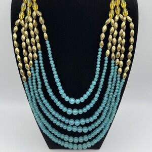 NRT Multi Strand Beaded Necklace Blue Yellow Statement Bib Chunky Boho Layered